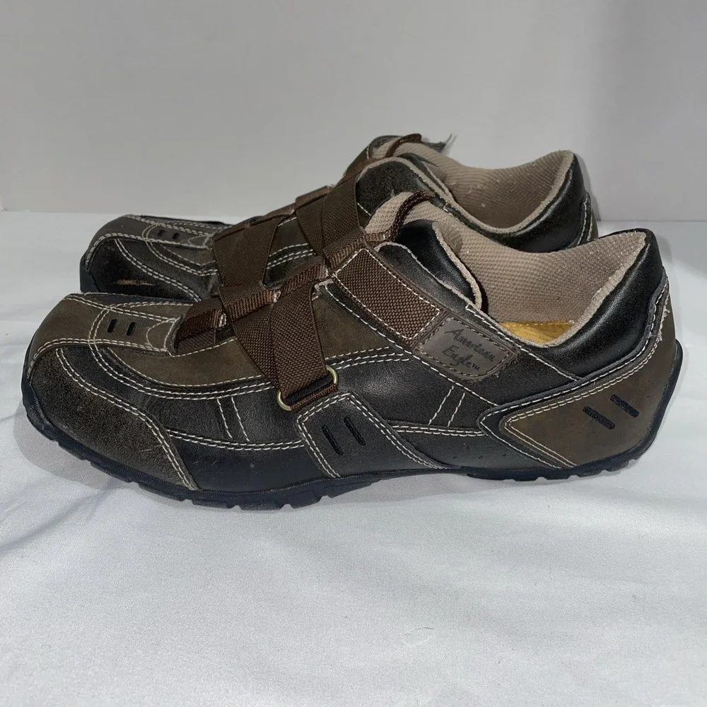 American Eagle Mens Brown Faux Leather Loafers Hook Loop Strap Shoes Size 10
